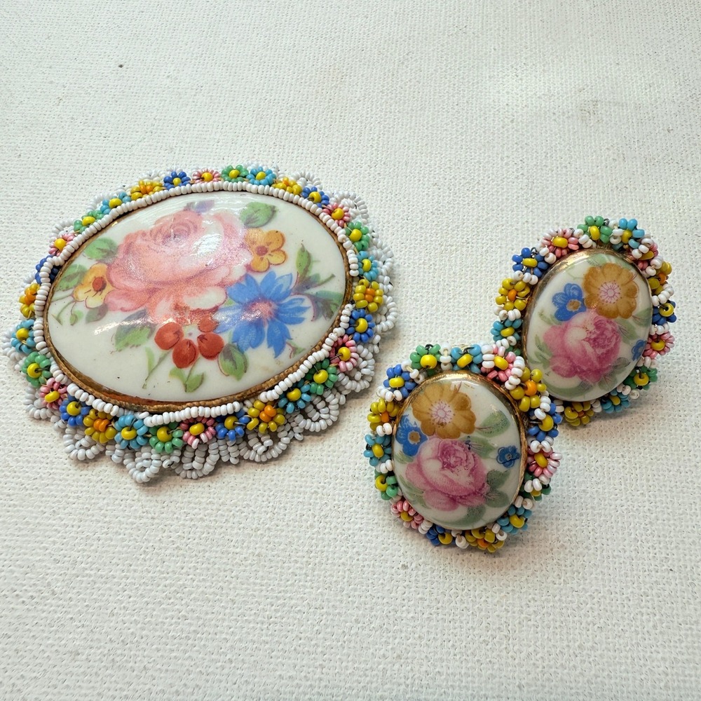 Vintage Art Deco Czech Floral Porcelain Glass Beaded Border Brooch & Earrings